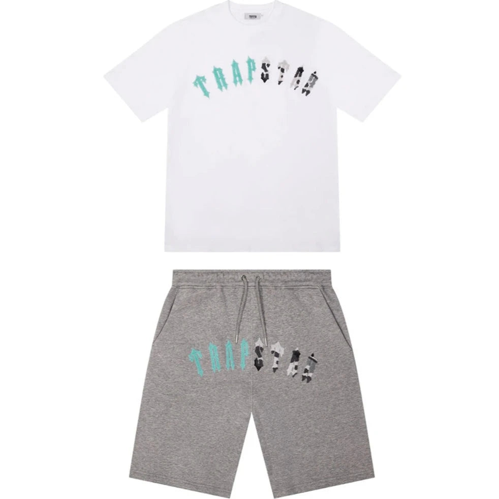 TRAPSTAR IRONGATE CHENILLE ARCHED CAMO SHORT SET - WHITE/TEAL/GREY