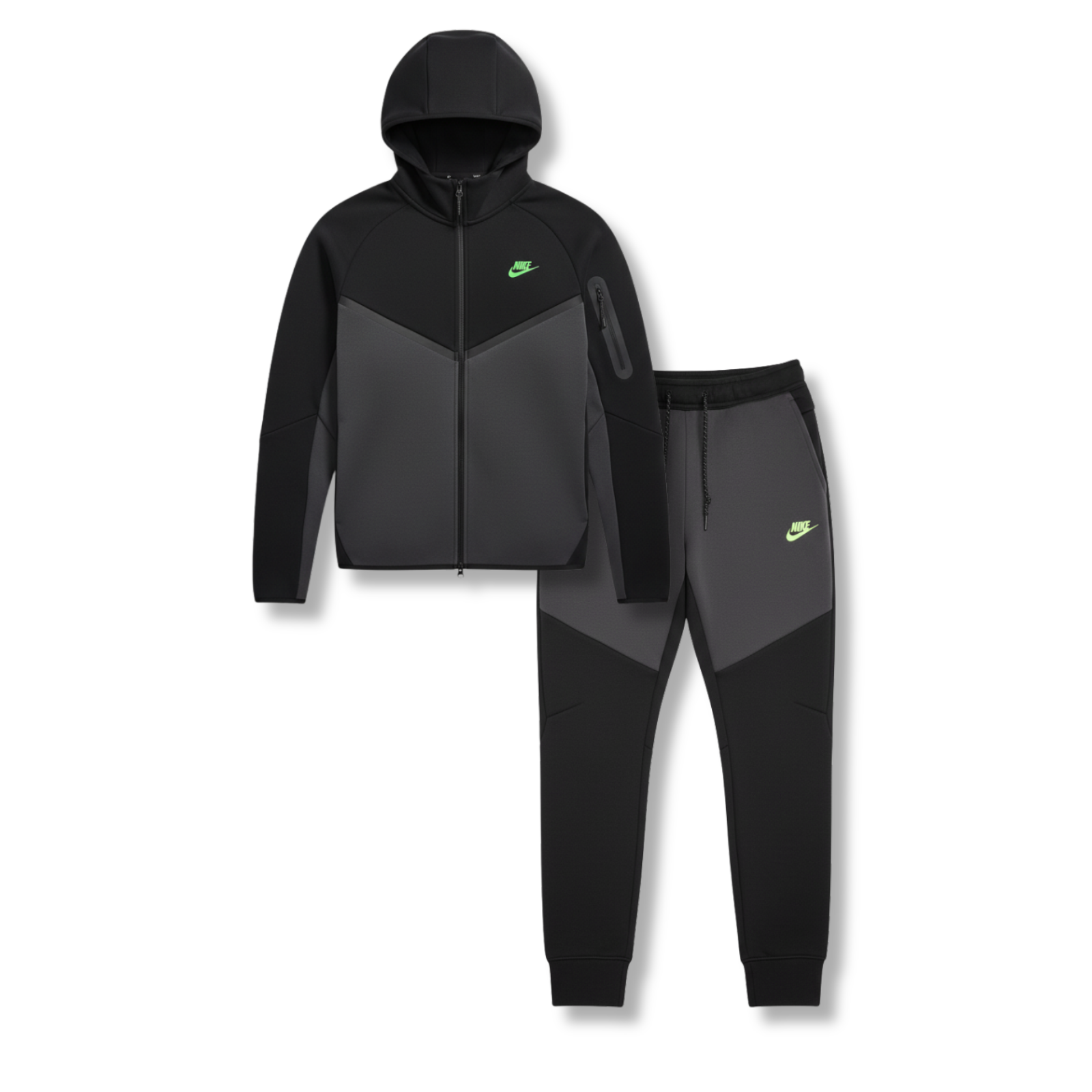 Nike Tech Fleece Full Zip Hoodie & Joggers Set Black/Anthracite/Green