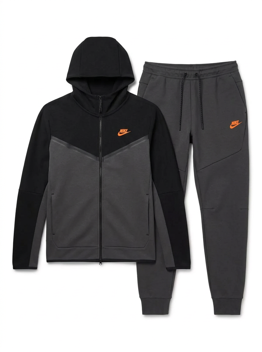 NIKE TECH FLEECE TRACKSUIT - BLACK, DARK SMOKE GREY & SAFETY ORANGE