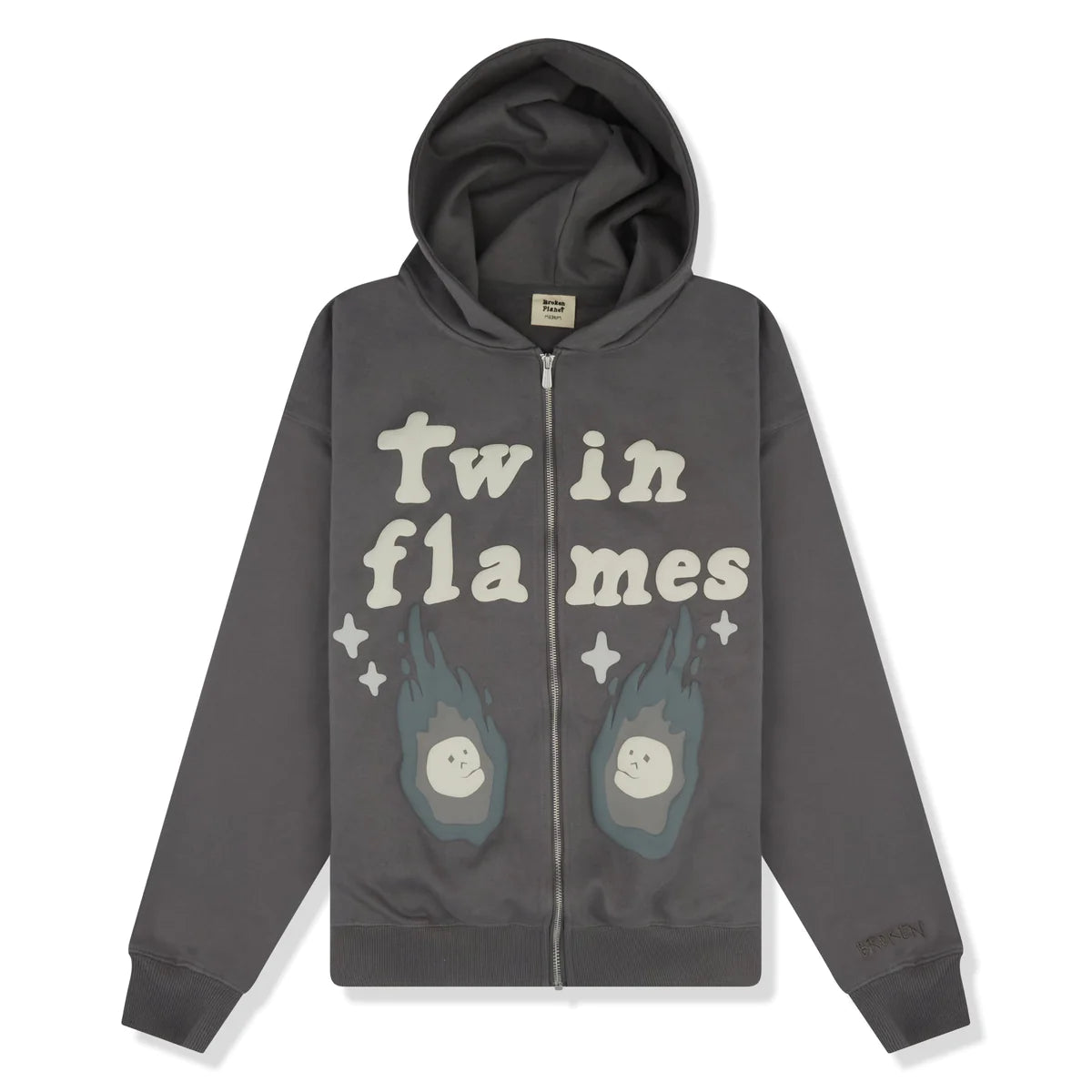 BROKEN PLANET TWIN FLAMES ZIP UP ASH GREY HOODIE