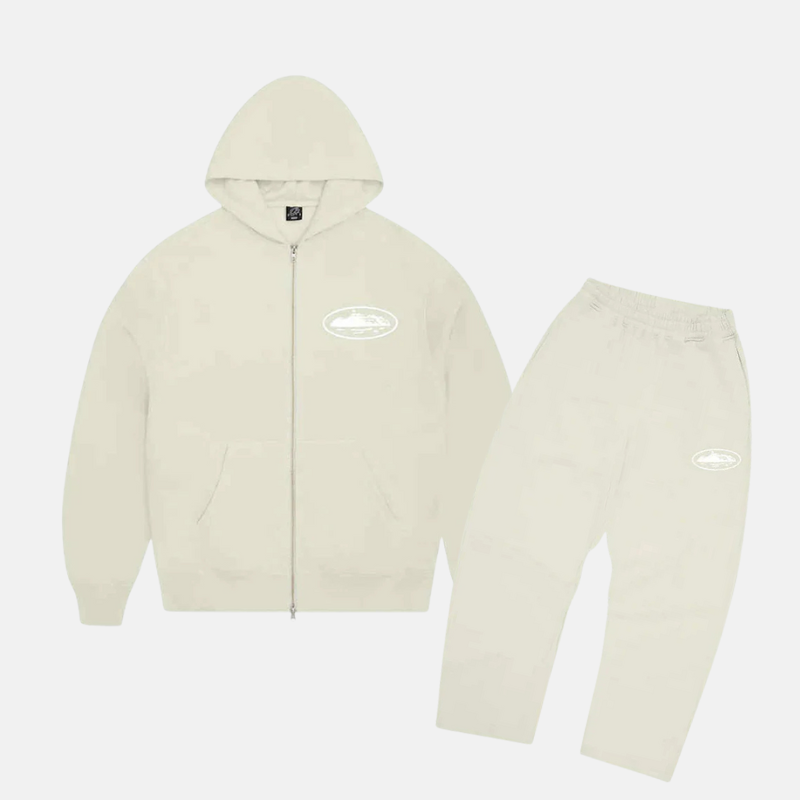 Corteiz Island Puff Print Full-Zip Hoodie & Joggers Set - Off White
