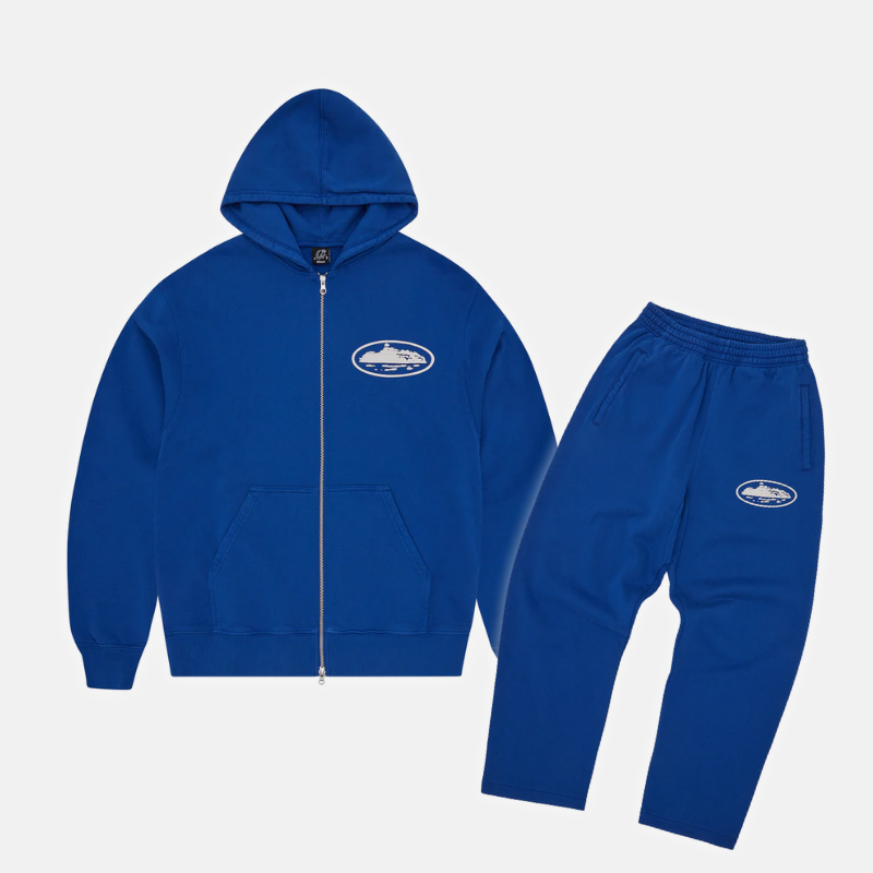 Corteiz Island Puff Print Full-Zip Hoodie & Joggers Set - Washed Blue
