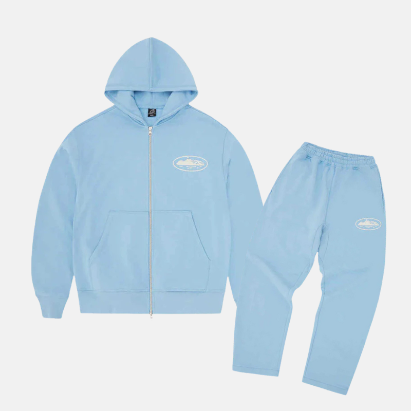 Corteiz Island Puff Print Full-Zip Hoodie & Joggers Set - Baby Blue