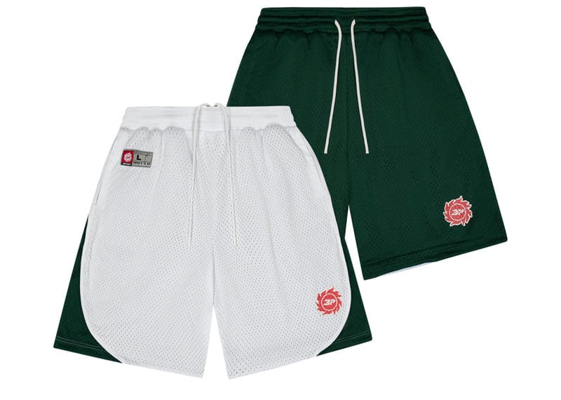 BROKEN PLANET MARKET REVERSIBLE MESH SHORTS SNOW WHITE/FOREST GREEN